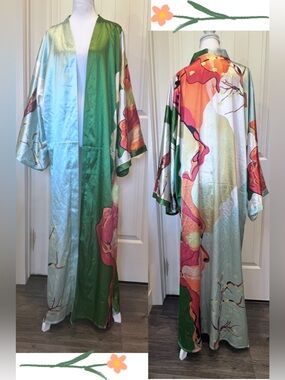 Long Satin Kimono Robe Cherry Blossom Art to Wear Abstract One Size